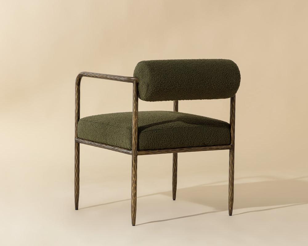 Olive Green Boucle Forged Metal Bolster Back Dining Chair Armchair