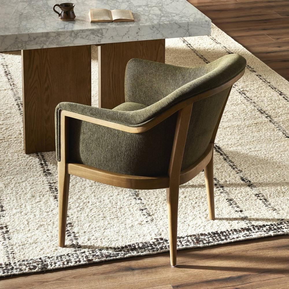 Olive Green Performance Fabric Exposed Solid Wood Frame Dining Chair Armchair