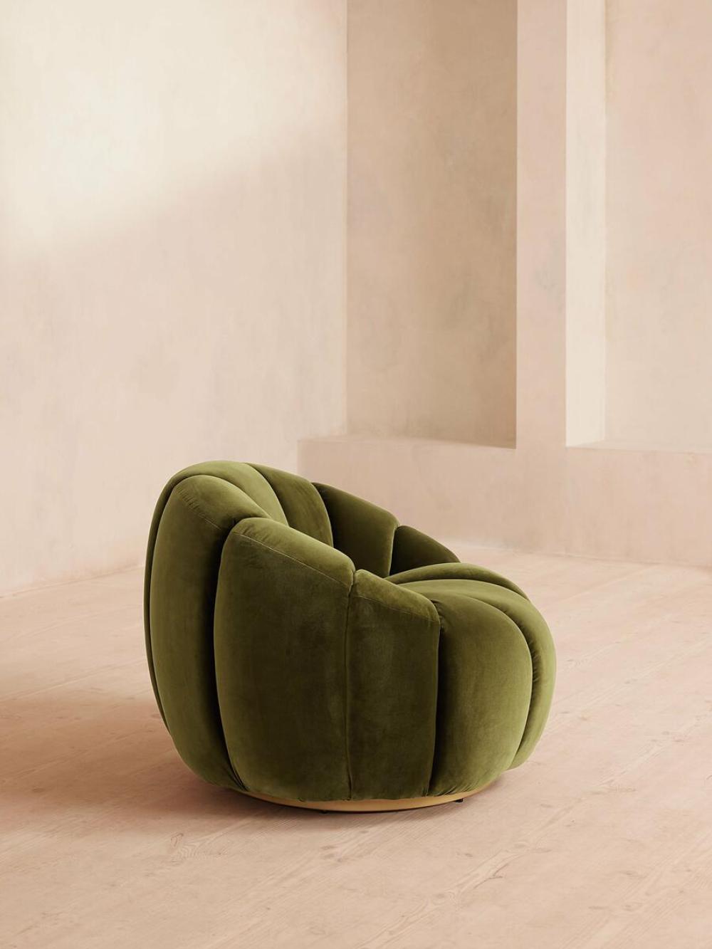 Olive Green Velvet Channel Tufted Swivel Lounge Chair