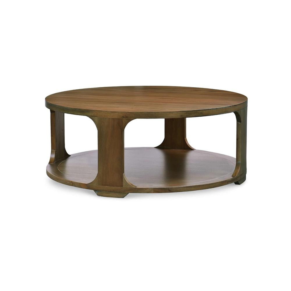 Open Base Round Coffee Table Solid Mahogany Wood Brown Straw Wash Finish 48 inch