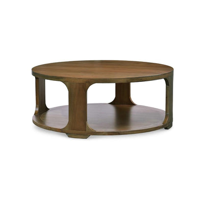 Open Base Round Coffee Table Solid Mahogany Wood Brown Straw Wash Finish 48 inch
