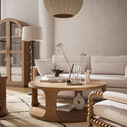 Open Base Round Coffee Table Solid Mahogany Wood Brown Straw Wash Finish 48 inch