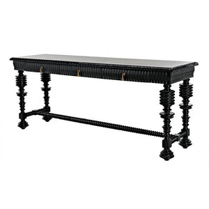 Ornate French Country Black Finish Mahogany 3 Drawer Console Table 72 inch