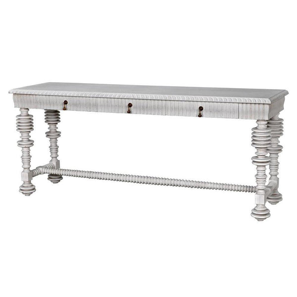 Ornate French Country Whitewash Mahogany 3 Drawer Console Table 72 inch