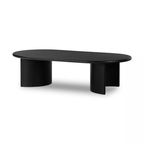 Oval Coffee Table Aged Black Acacia Wood with Crescent Shaped Legs 51 inch