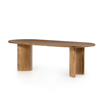 Oval Dining Table Sand Brown Acacia Wood with Crescent Shaped Legs 94 inch