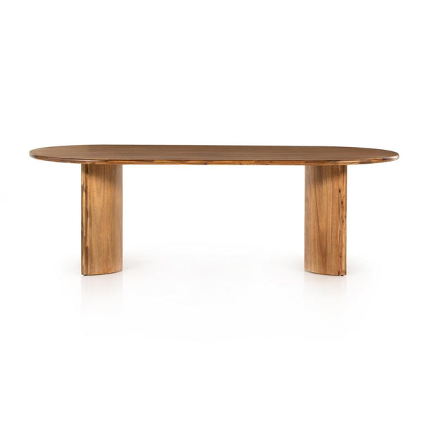 Oval Dining Table Sand Brown Acacia Wood with Crescent Shaped Legs 94 inch
