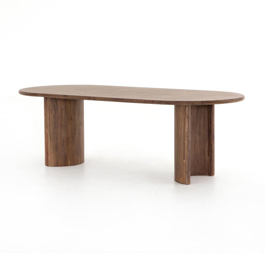 Oval Dining Table Seasoned Brown Acacia Wood with Crescent Shaped Legs 94 inch