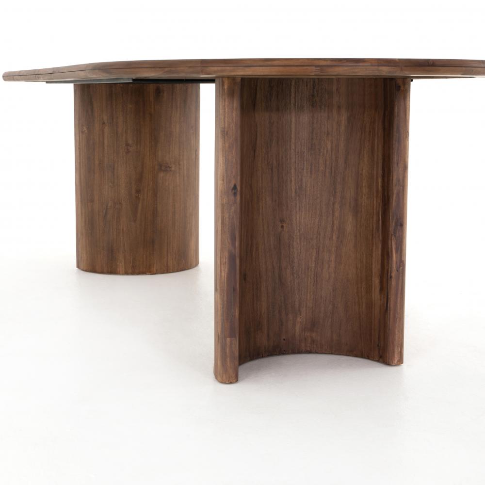 Oval Dining Table Seasoned Brown Acacia Wood with Crescent Shaped Legs 94 inch