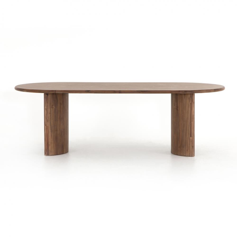 Oval Dining Table Seasoned Brown Acacia Wood with Crescent Shaped Legs 94 inch