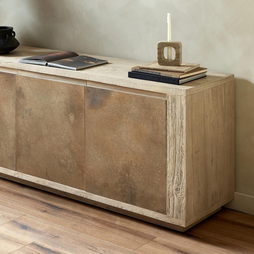 Oxidized Metal & Bleached Alder Wood Media Console Storage Cabinet 92 inch