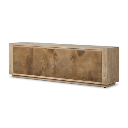 Oxidized Metal & Bleached Alder Wood Media Console Storage Cabinet 92 inch