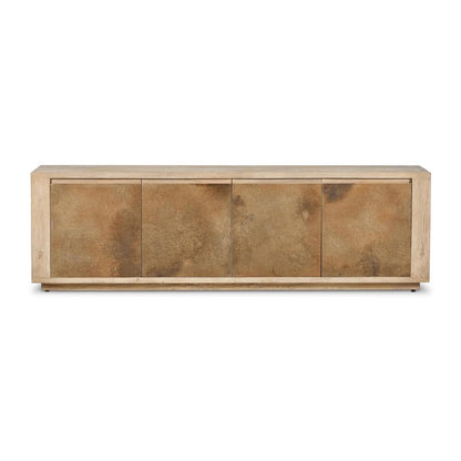 Oxidized Metal & Bleached Alder Wood Media Console Storage Cabinet 92 inch