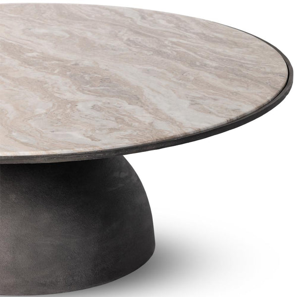 Pedestal Base Round Coffee Table Cream Taupe Marble Top Gray Aluminum Base 47 inch