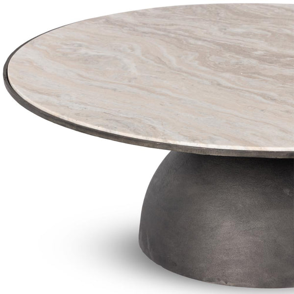 Pedestal Base Round Coffee Table Cream Taupe Marble Top Gray Aluminum Base 47 inch