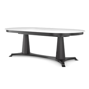 Polished Milk Glass Top Oval Extension Double Pedestal Dining Table Black 90 to 130 inch