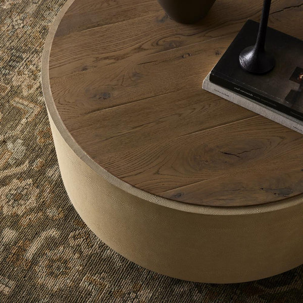 Reclaimed Wood & Cream Shagreen Round Coffee Table 38 inch