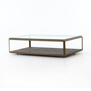Rectangle Shadow Box Coffee Table Glass Top & Gray Faux Shagreen Shelf with Antique Brass Finish Iron Frame 56 inch
