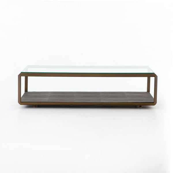 Rectangle Shadow Box Coffee Table Glass Top & Gray Faux Shagreen Shelf with Antique Brass Finish Iron Frame 56 inch