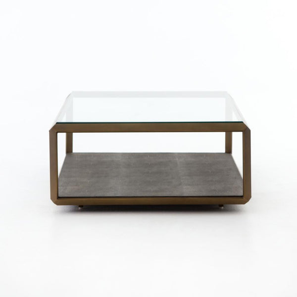 Rectangle Shadow Box Coffee Table Glass Top & Gray Faux Shagreen Shelf with Antique Brass Finish Iron Frame 56 inch