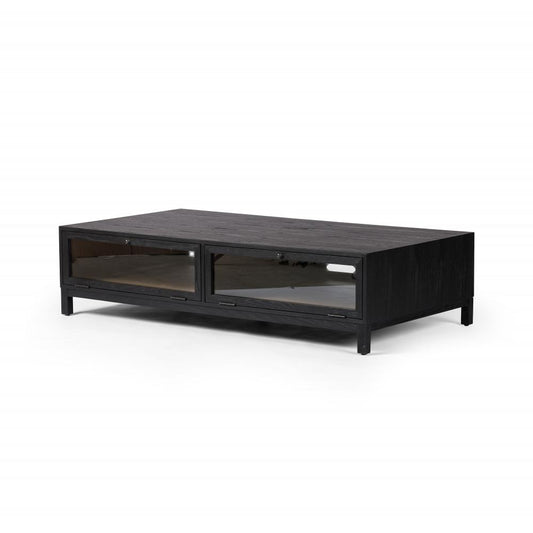 Rectangle Storage Coffee Table Oak Wood Drifted Matte Black Finish 65 inch
