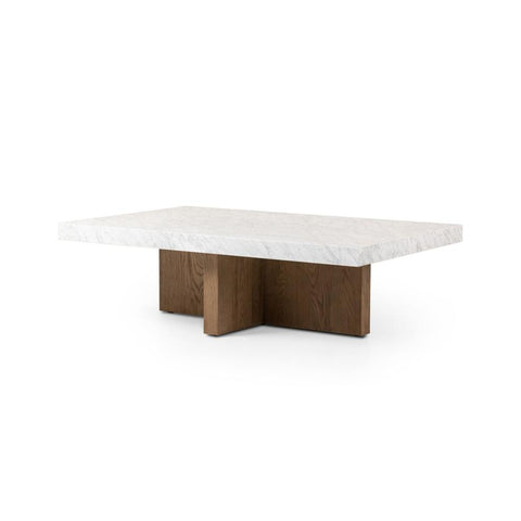 Rectangular Coffee Table Smoked Oak Wood with White Carrara Marble Top 55 inch