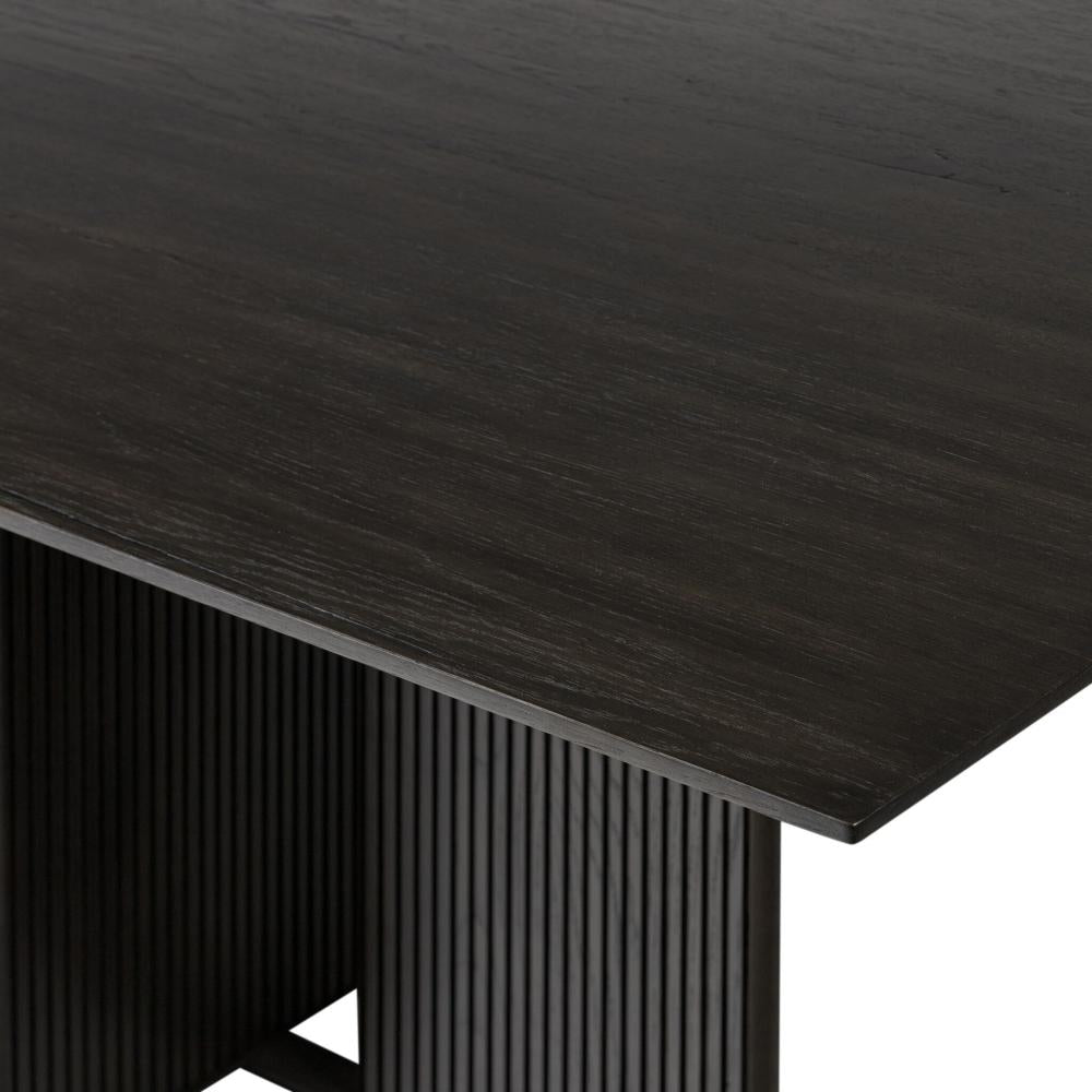 Reeded Base Rectangle Oak Dining Table Smoked Black Finish 94 inch