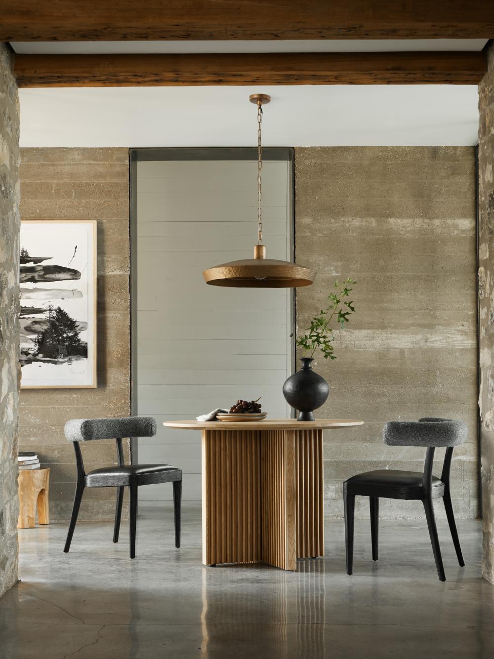 Reeded Cross Base Round Dining Table Natural Oak Wood 43 inch