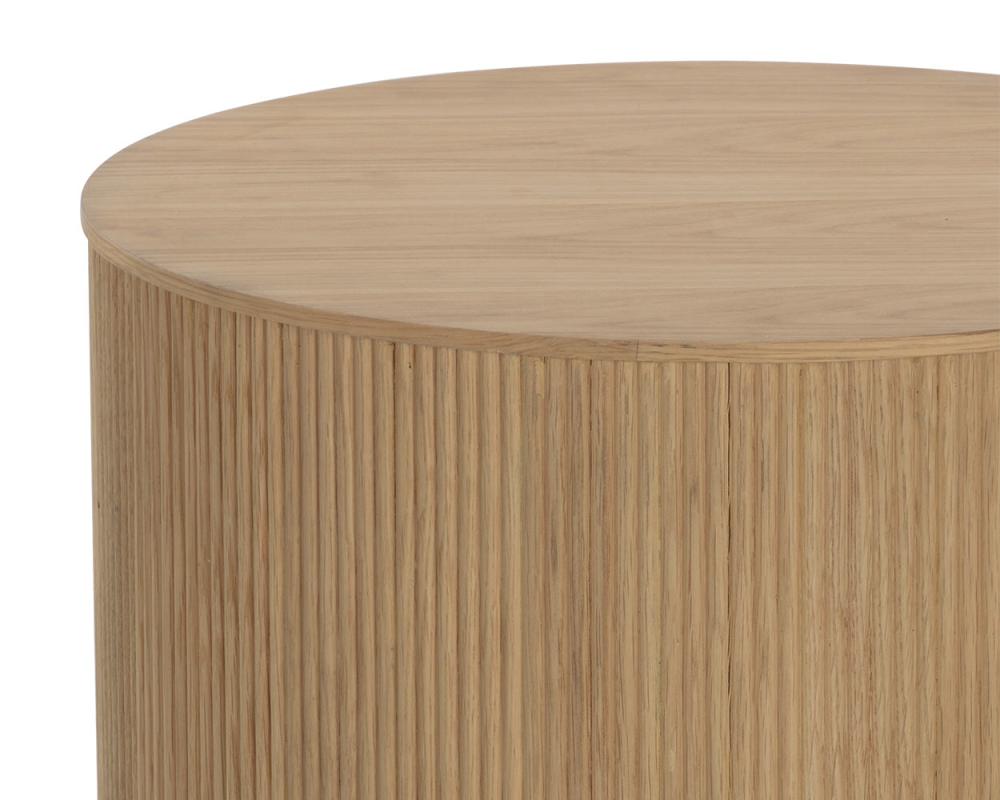 Reeded Light Oak Wood Round Column Table Gold Metal Plith Base 22 inch