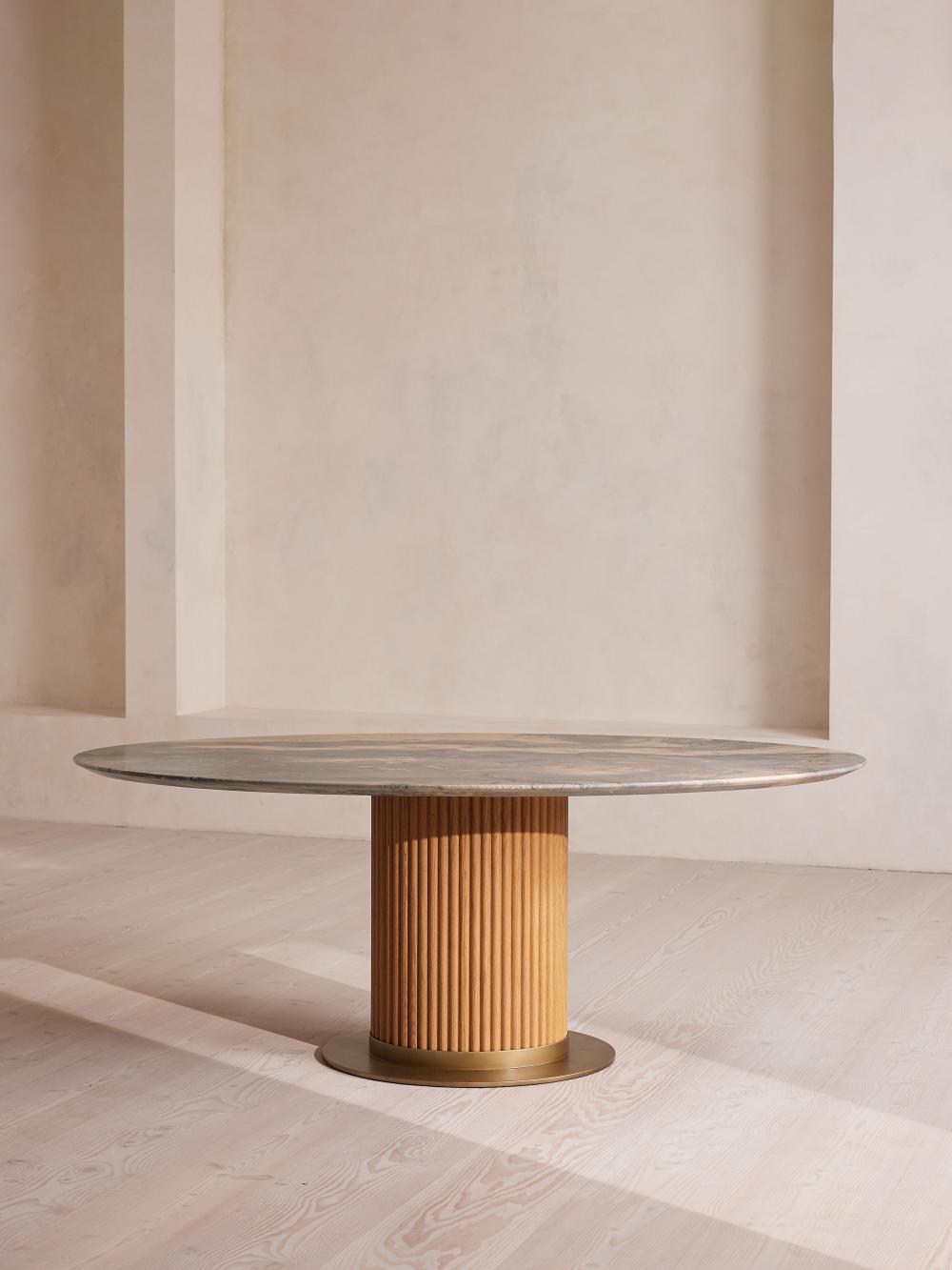 Reeded Oak Wood Pedestal Base Oval Dining Table with Brazilian Blue Qu ...