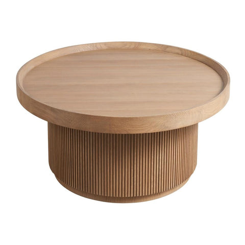 Reeded Pedestal Base Round Coffee Table Natural Oak 44 inch