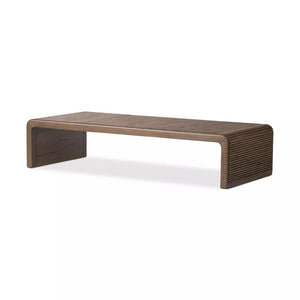 Reeded Top Rectangle Coffee Table Oak Wood with Rustic Grey Finish 65 inch
