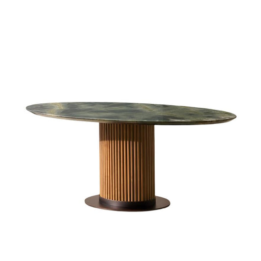 Reeded Walnut Pedestal Base Oval Dining Table with Brazilian Green Marble Top 79 inch