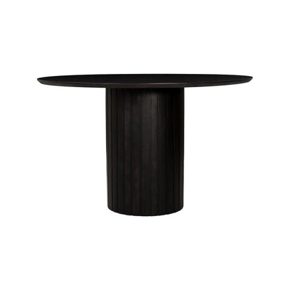 Ribbed Base Pillar Solid Acacia Wood Round Dining Table Black Finish 48 inch