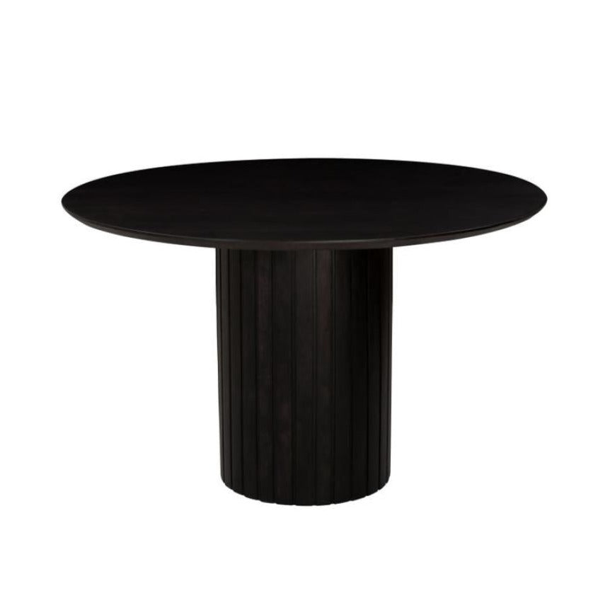 Ribbed Base Pillar Solid Acacia Wood Round Dining Table Black Finish 48 inch