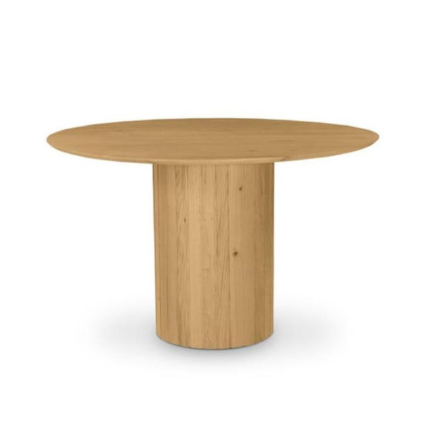Ribbed Base Pillar Solid Oak Wood Round Dining Table Natural Finish 48 ...