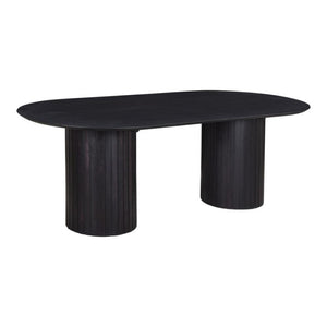 Ribbed Double Column Oval Black Dining Table Solid Acacia Wood 86 inch
