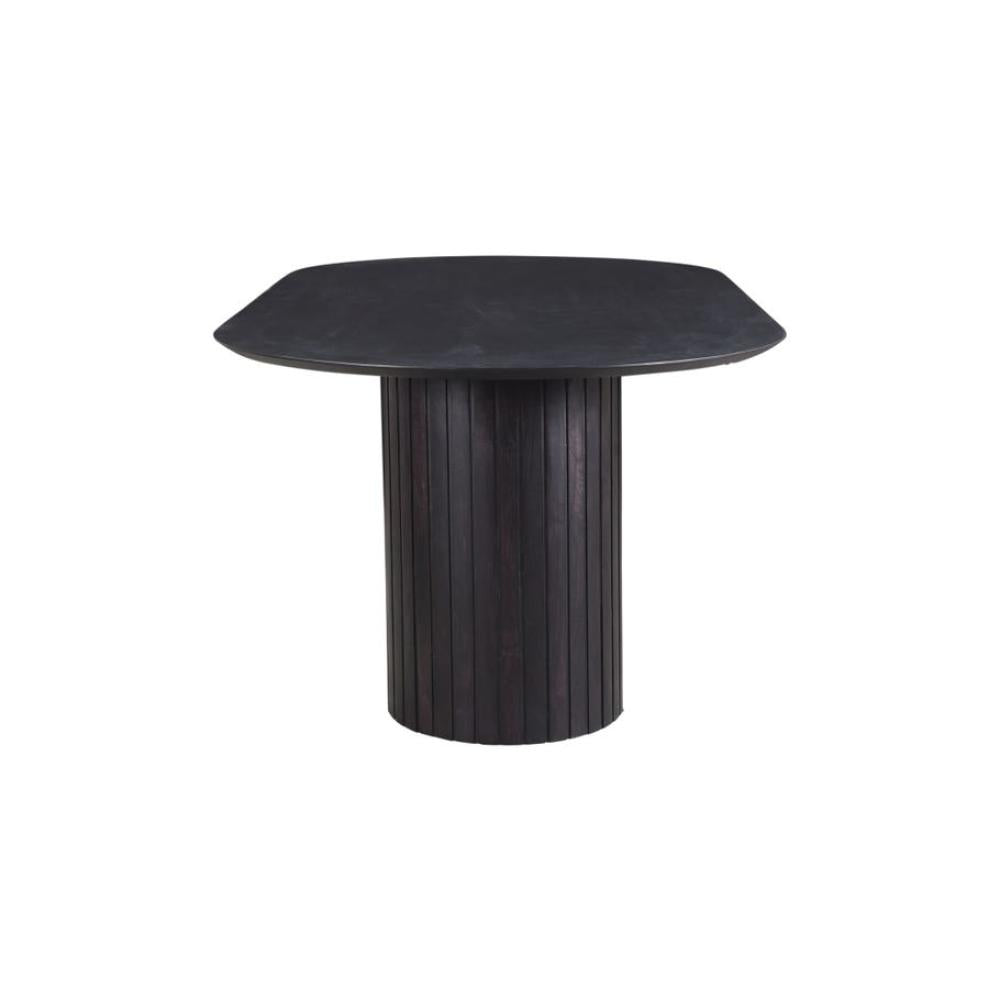 Ribbed Double Column Oval Black Dining Table Solid Acacia Wood 86 inch