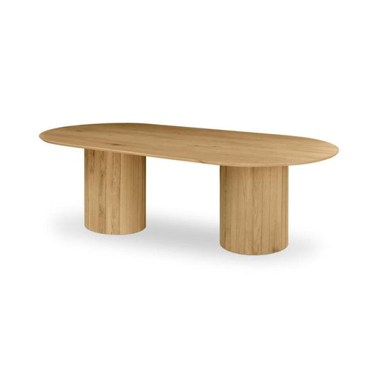 Ribbed Double Column Oval Dining Table Solid Oak Wood Natural Finish 86 inch