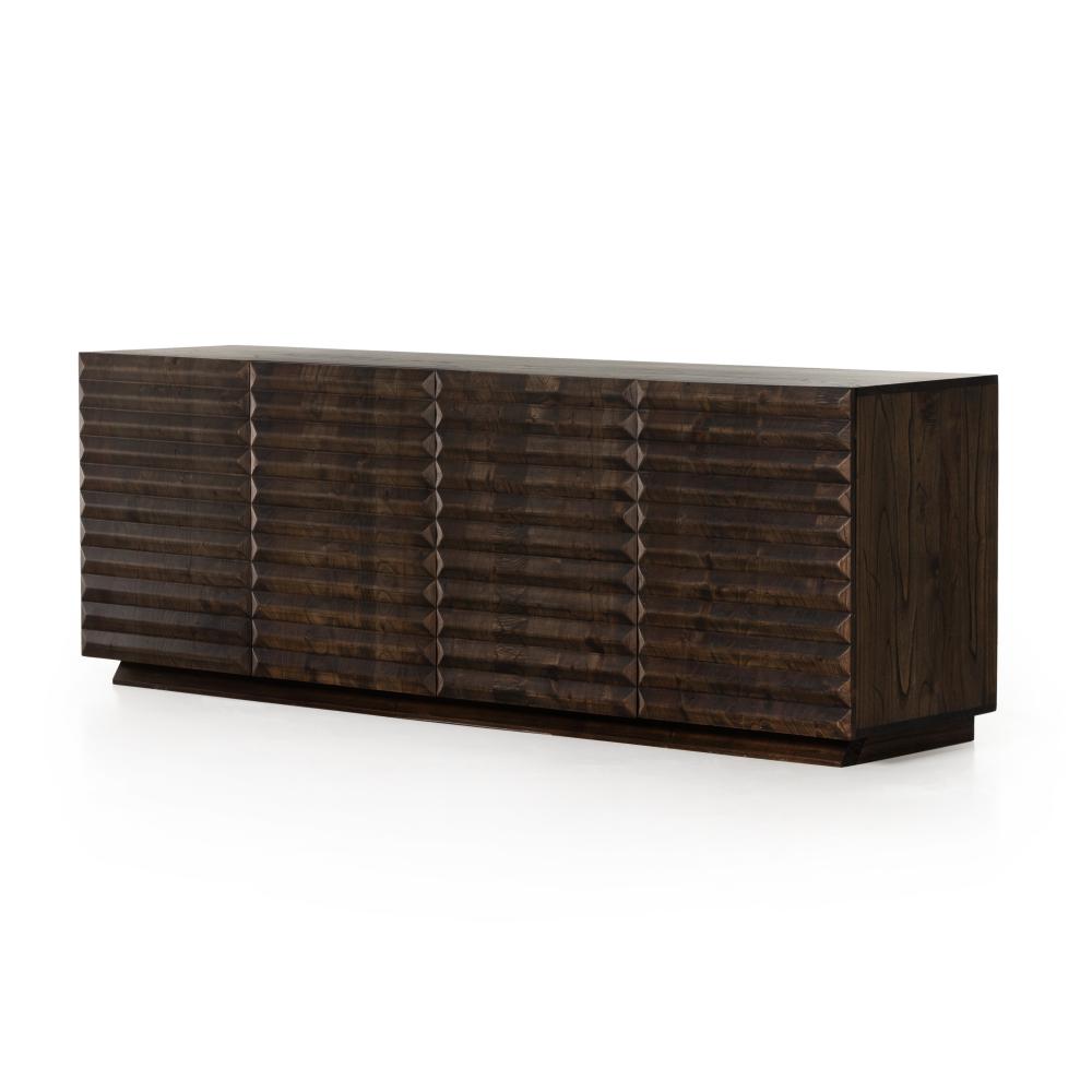 Ribbed Matte Brown Solid Neem Wood Media Console Storage Cabinet 78 inch