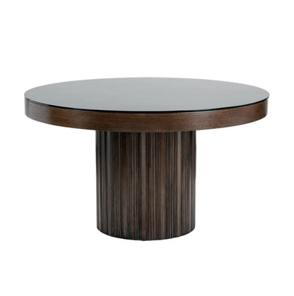 Ribbed Pedestal Base & Glass Top Round Dining Table Solid Wood 51 inch