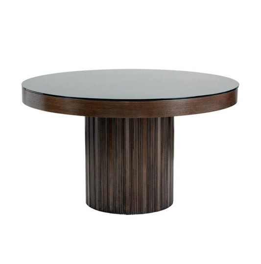 Ribbed Pedestal Base & Glass Top Round Dining Table Solid Wood 51 inch