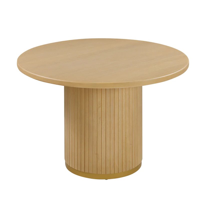 Ribbed Pedestal Base Round Dining Table Light Natural Oak Wood 47 inch ...