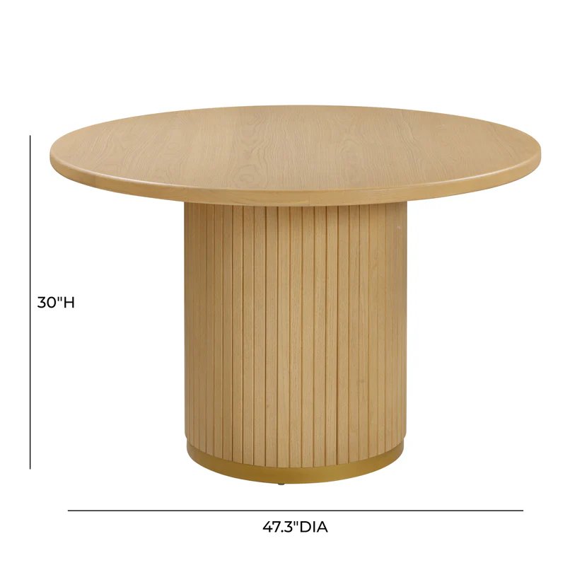 Ribbed Pedestal Base Round Dining Table Light Natural Oak Wood 47 inch