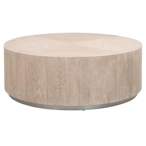 Round Coffee Table Natural Gray Oak Wood Veneer & Silver Plinth Base 42 inch