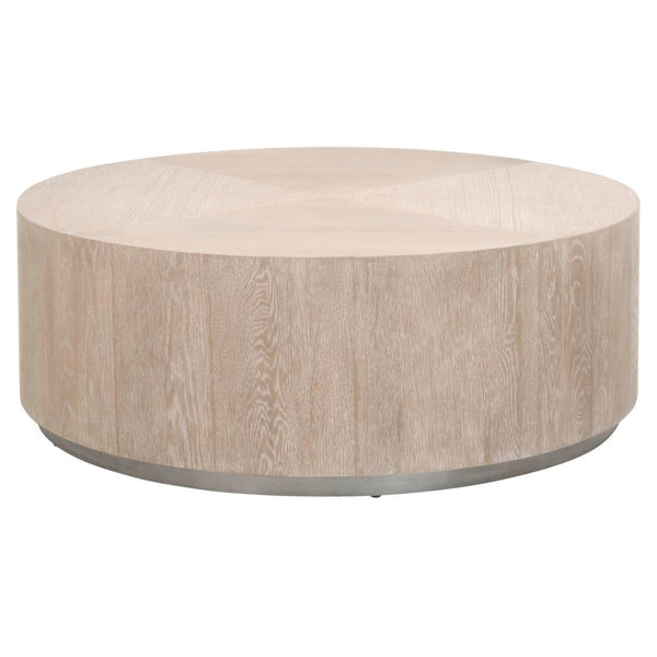 Round Coffee Table Natural Gray Oak Wood Veneer & Silver Plinth Base 42 inch