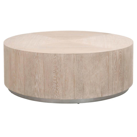 Round Coffee Table Natural Gray Oak Wood Veneer & Silver Plinth Base 42 inch