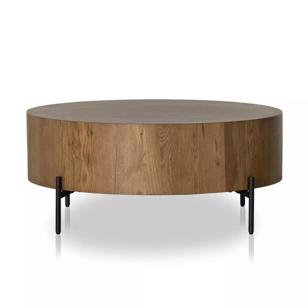 Round Drum Coffee Table Amber Oak Wood Veneer & Gunmetal Base 38 inch