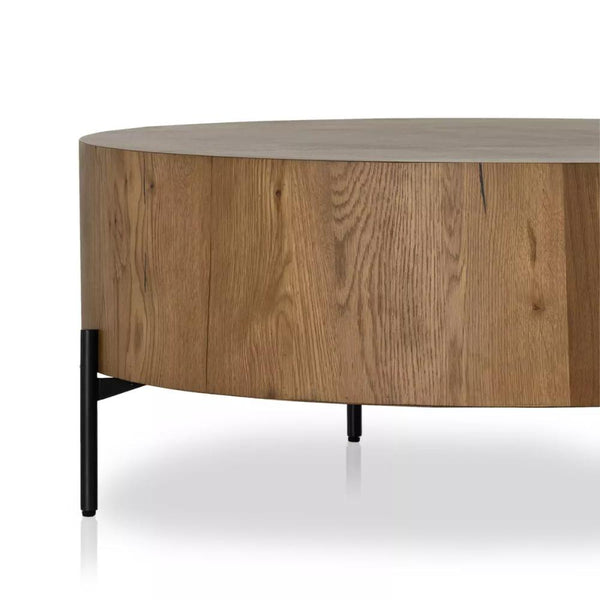 Round Drum Coffee Table Amber Oak Wood Veneer & Gunmetal Base 38 inch