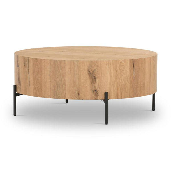 Round Drum Coffee Table Light Oak Wood Veneer & Gunmetal Base 38 inch